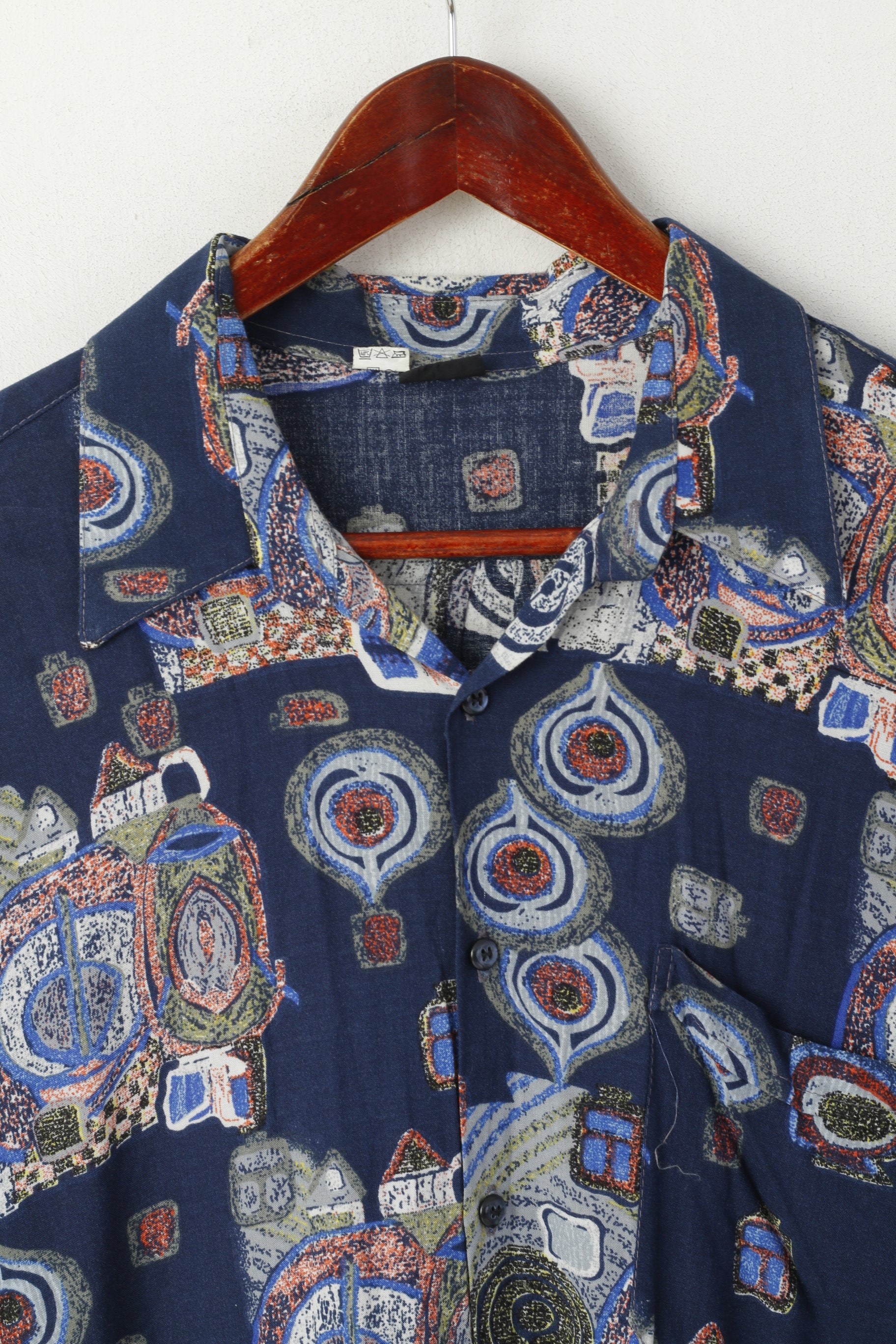 Vintage Men 42 176/182 L Casual Shirt Navy Short Sleeve Abstract Print Retro Top