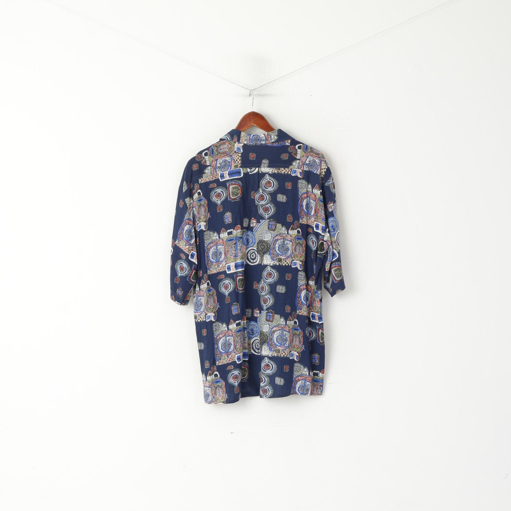Vintage Men 42 176/182 L Casual Shirt Navy Short Sleeve Abstract Print Retro Top