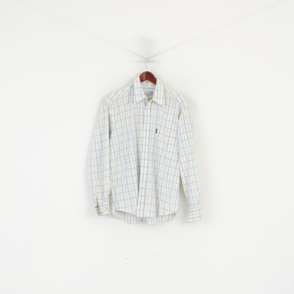 Sergio Tacchini Men L Casual Shirt Cream Cotton Check Milano Long Sleeve Top