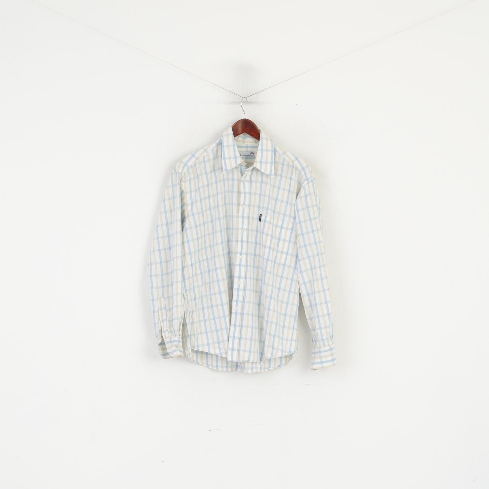 Sergio Tacchini Men L Casual Shirt Cream Cotton Check Milano Long Sleeve Top