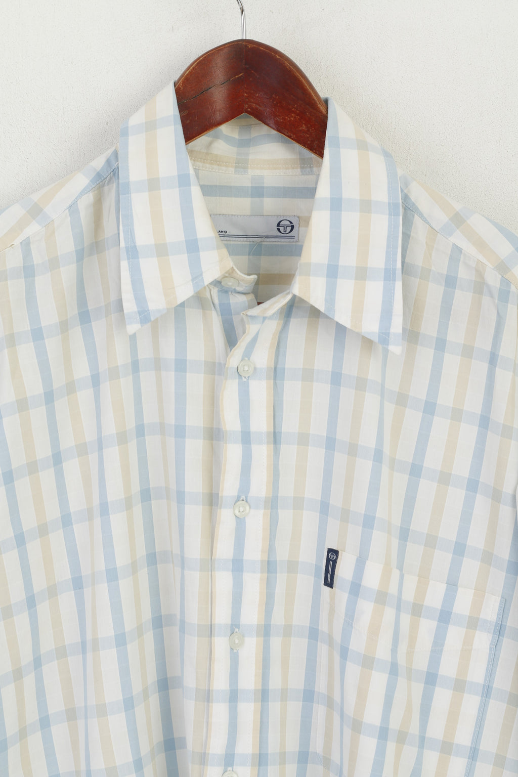 Sergio Tacchini Men L Casual Shirt Cream Cotton Check Milano Long Sleeve Top