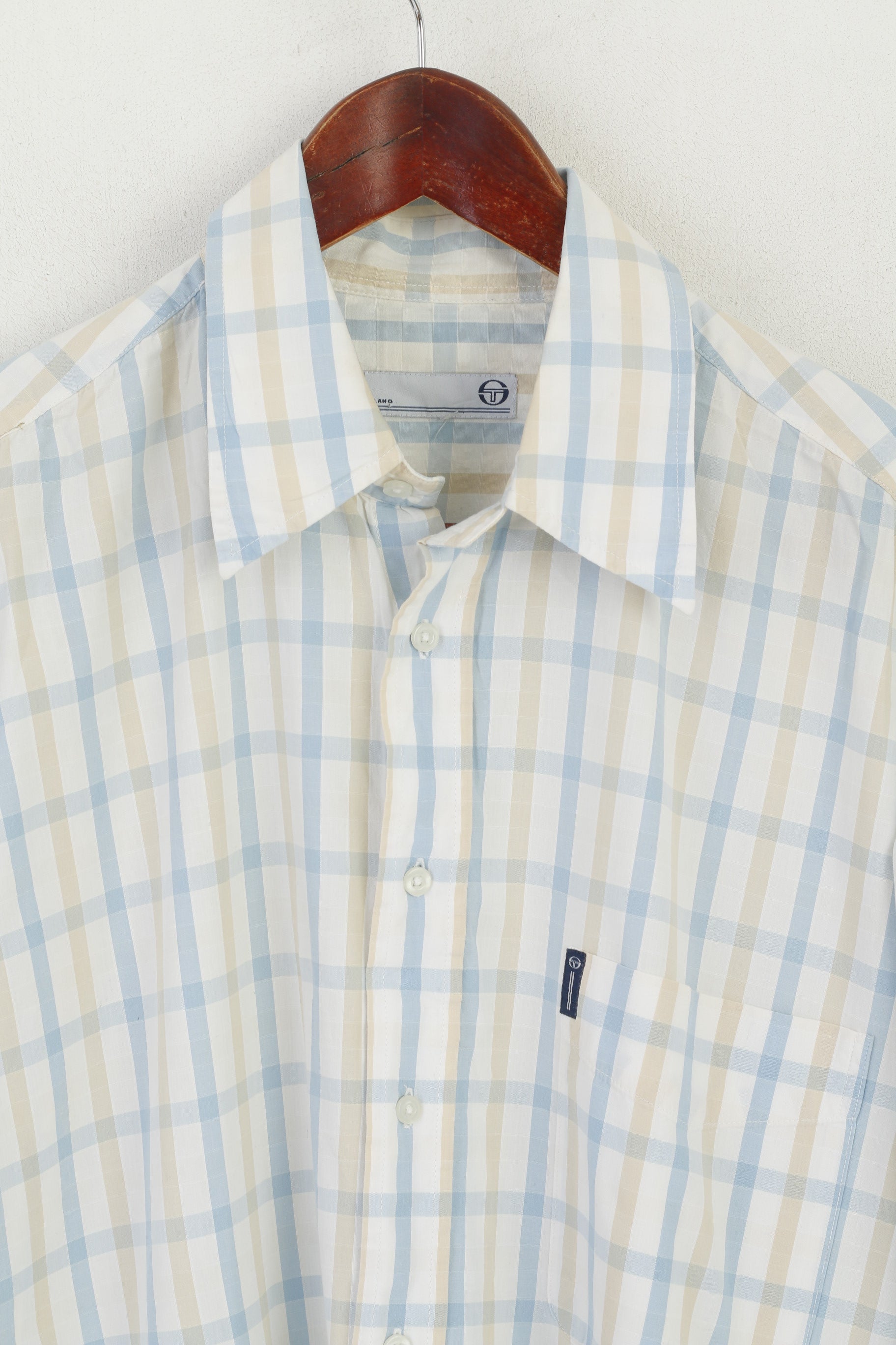 Sergio Tacchini Men L Casual Shirt Cream Cotton Check Milano Long Sleeve Top