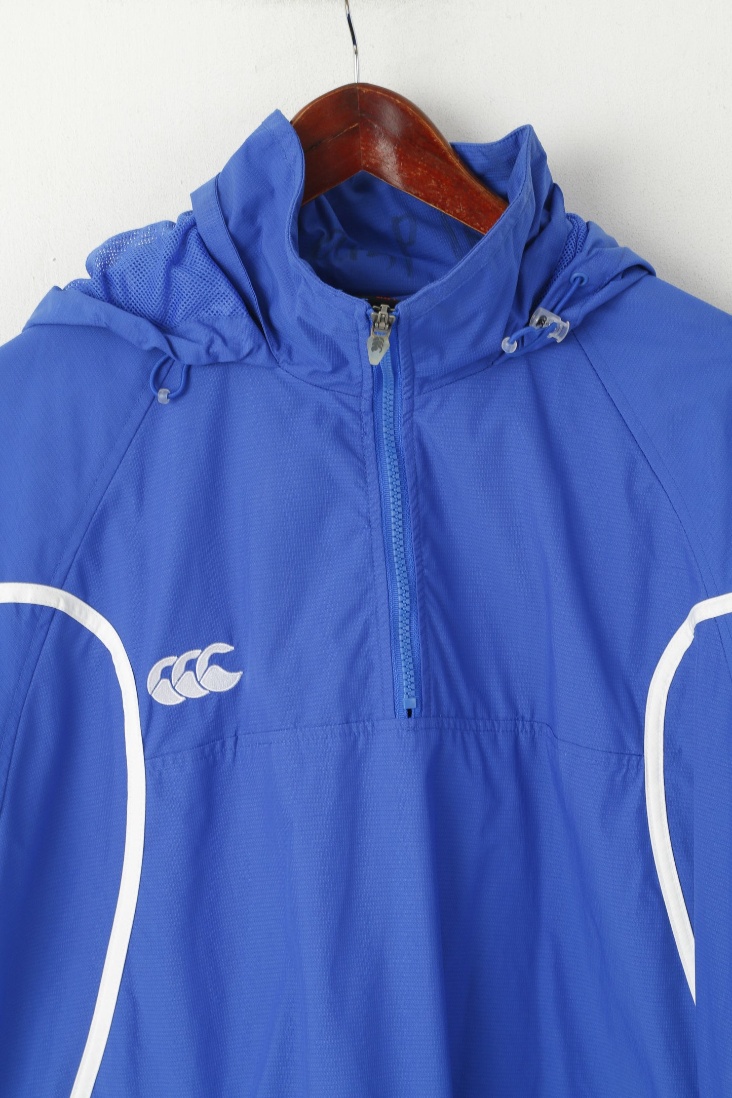 Canterbury Of New Zealand Men L Pullover Jacket Blue Hooded Nylon Zip Neck Sport Top
