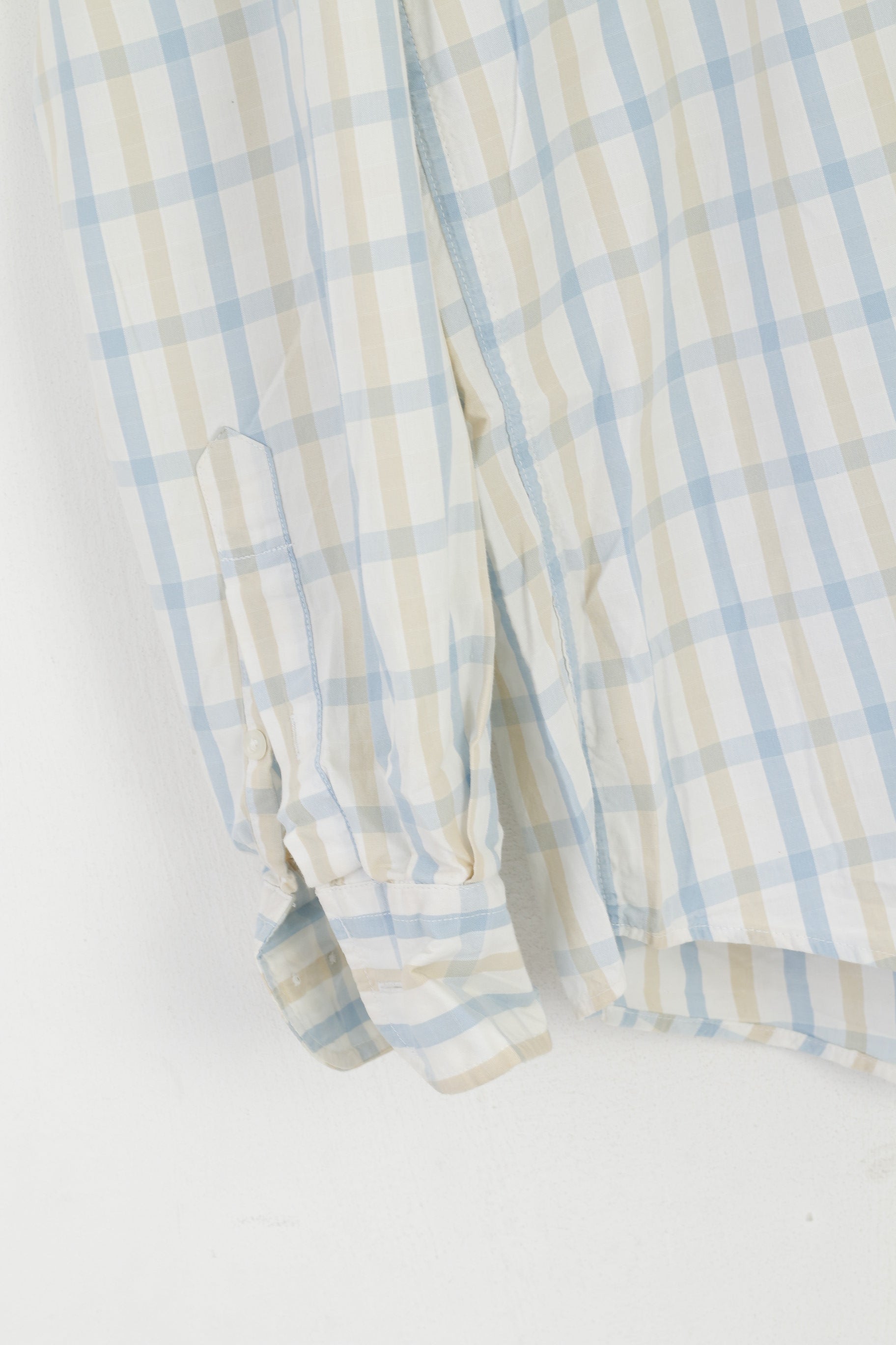 Sergio Tacchini Men L Casual Shirt Cream Cotton Check Milano Long Sleeve Top