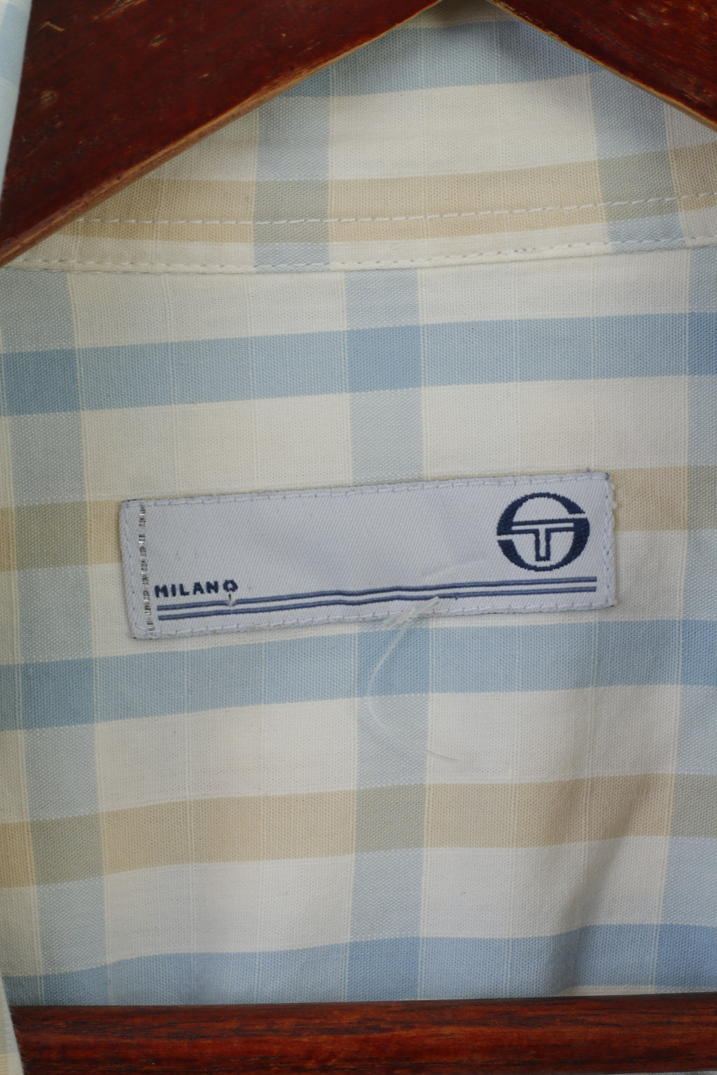 Sergio Tacchini Men L Casual Shirt Cream Cotton Check Milano Long Sleeve Top