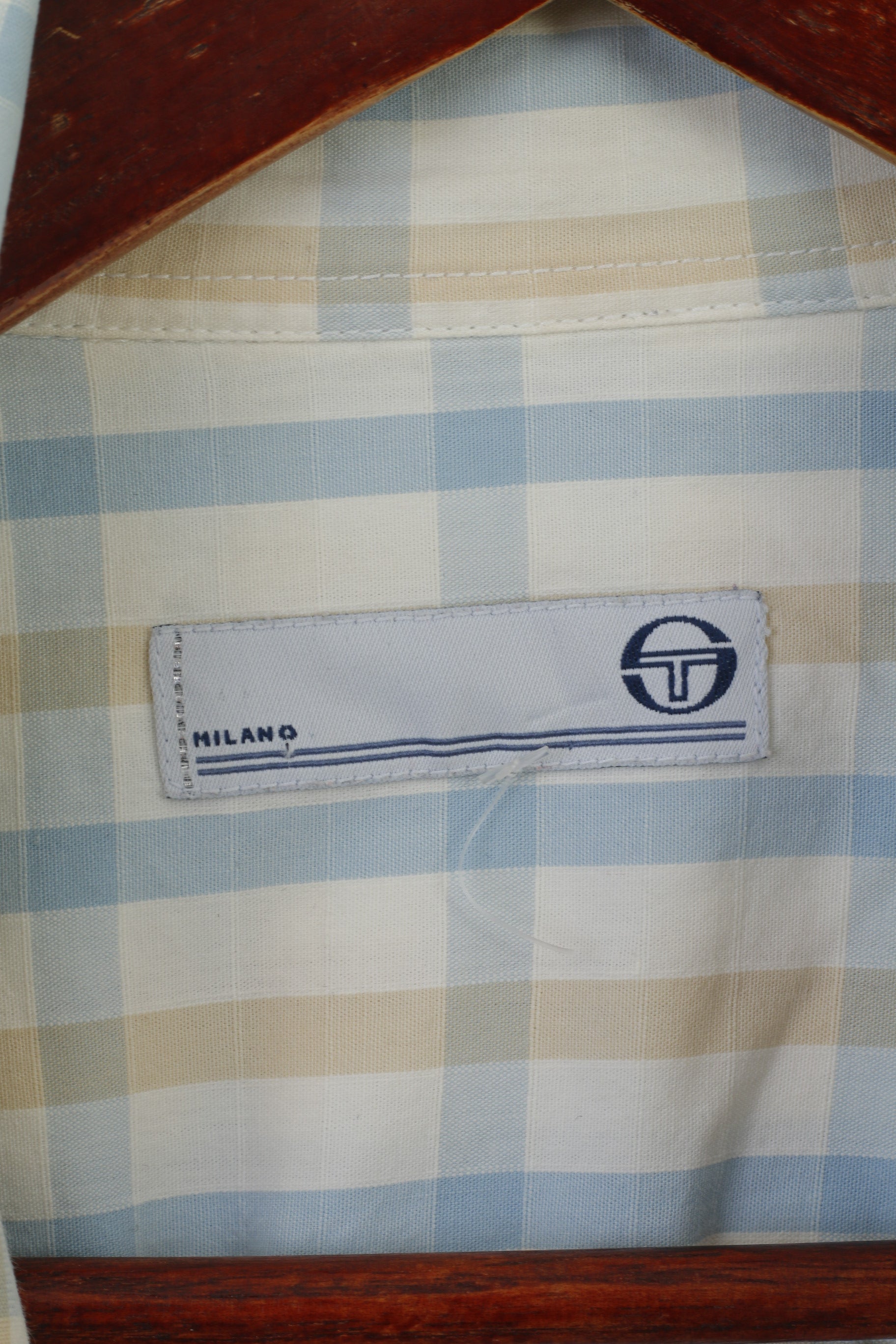 Sergio Tacchini Men L Casual Shirt Cream Cotton Check Milano Long Sleeve Top