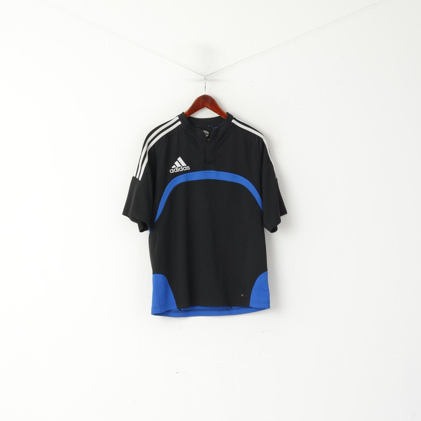 Adidas Men M Shirt Black Vintage Sportswear 3 Stripe Buttoned Neck Short Sleeve Top