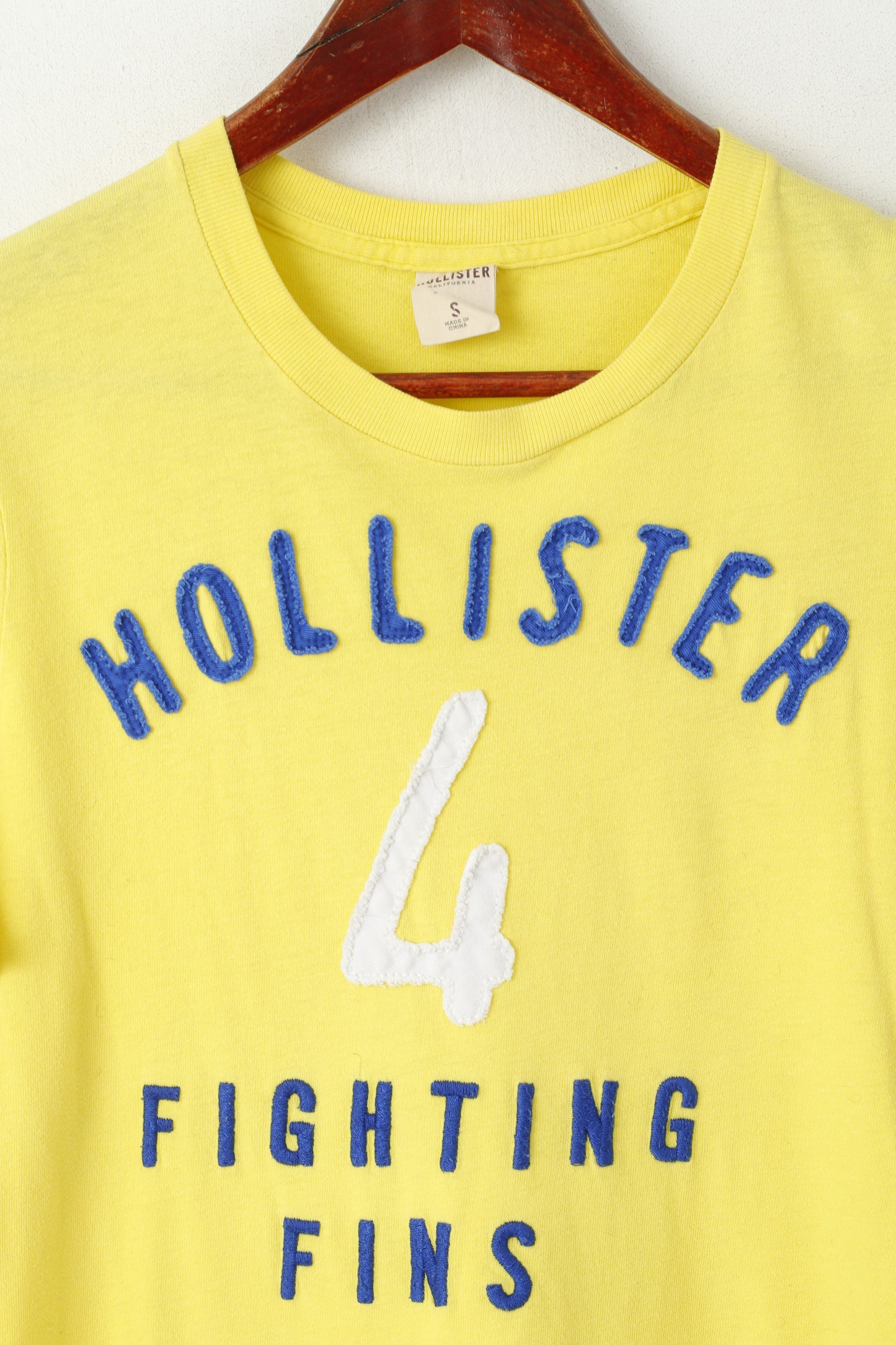 Hollister Hommes Chemise Jaune Coton Ras Du Cou Fighting Fins #4 Haut D'été