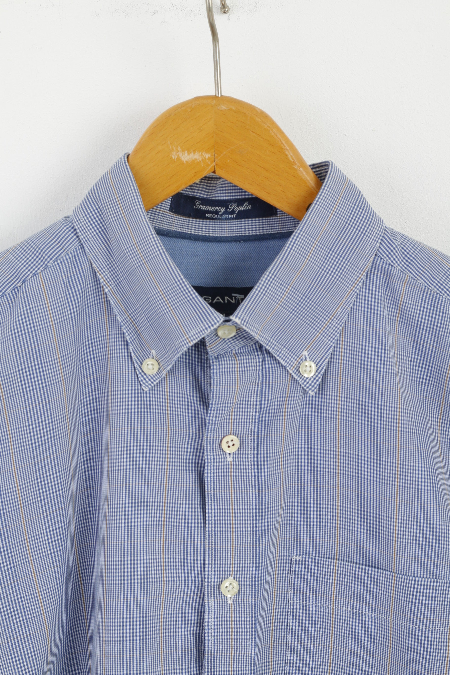 Gant Men M Casual Shirt Blue Check Gramercy Poplin Regular Fit Long Sleeve Top