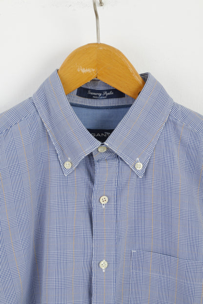 Gant Men M Casual Shirt Blue Check Gramercy Poplin Regular Fit Long Sleeve Top