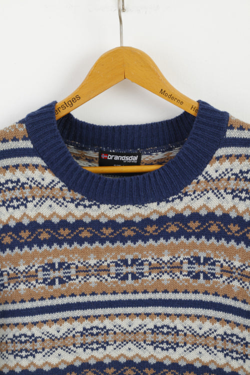 Brandsdal Norvège Femmes L Jumper Bleu Laine Ras Du Cou Nordique Long Pull