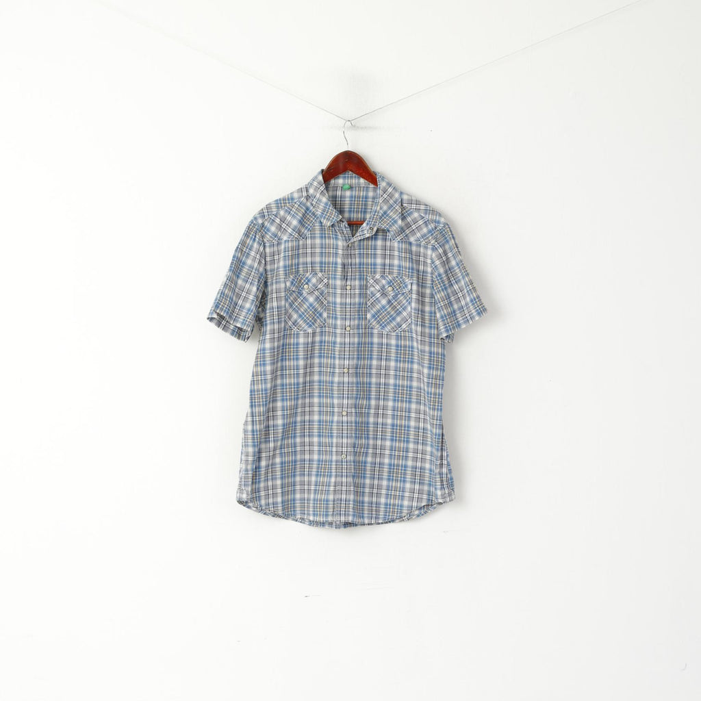 United Colors Of Benetton Men XL (L) Casual Shirt Blue Cotton Checkered Snap Pocket Top