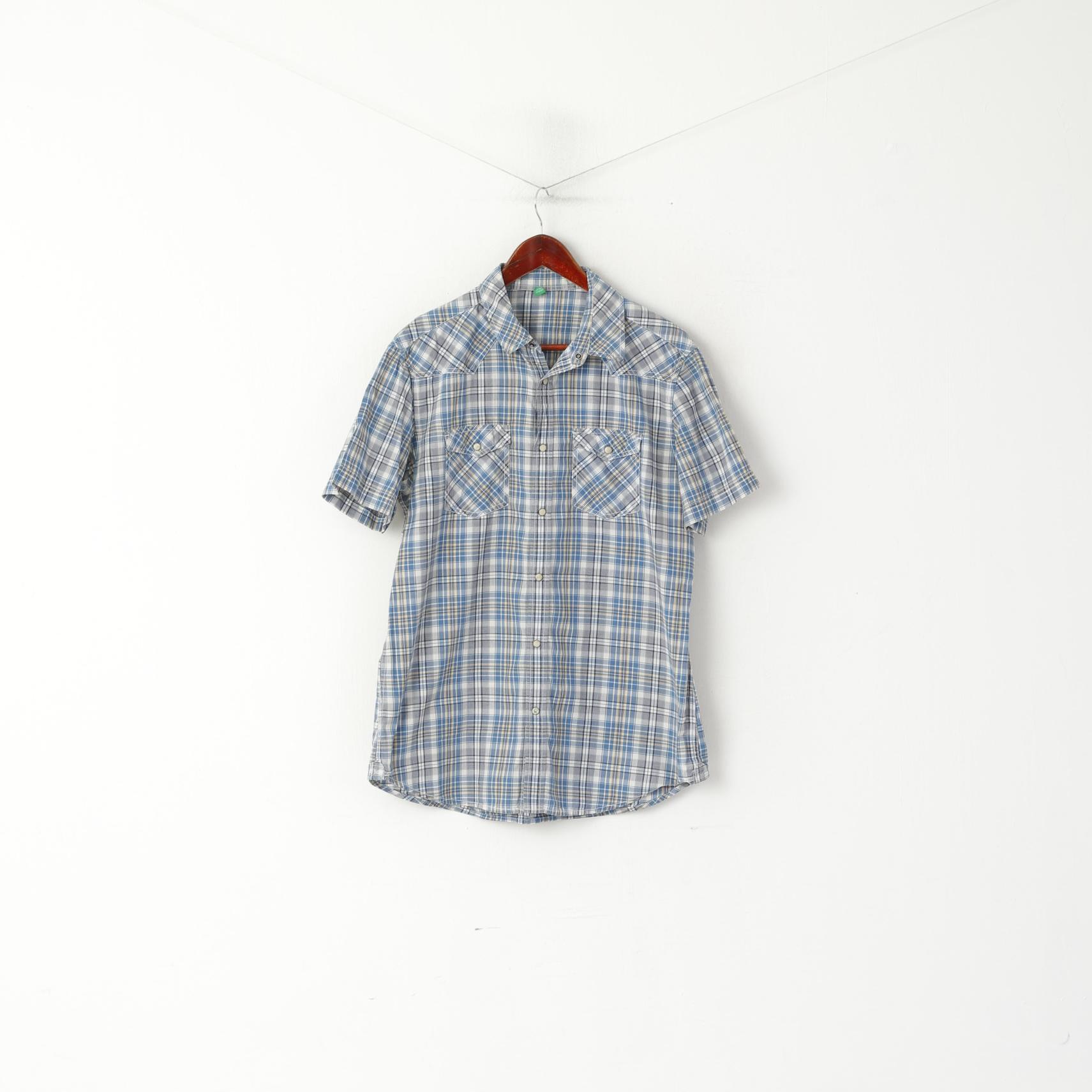 United Colors Of Benetton Men XL (L) Casual Shirt Blue Cotton Checkered Snap Pocket Top