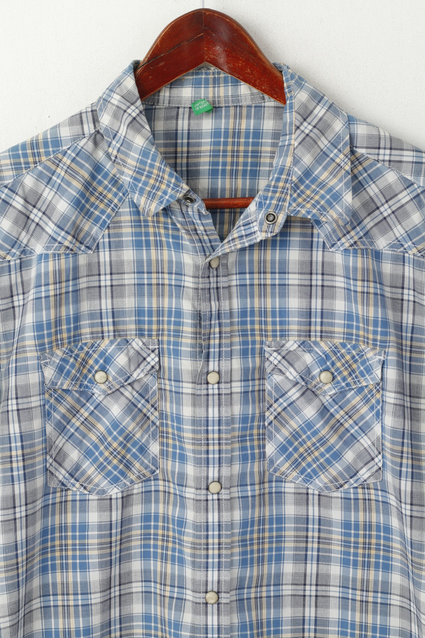 United Colors Of Benetton Men XL (L) Casual Shirt Blue Cotton Checkered Snap Pocket Top