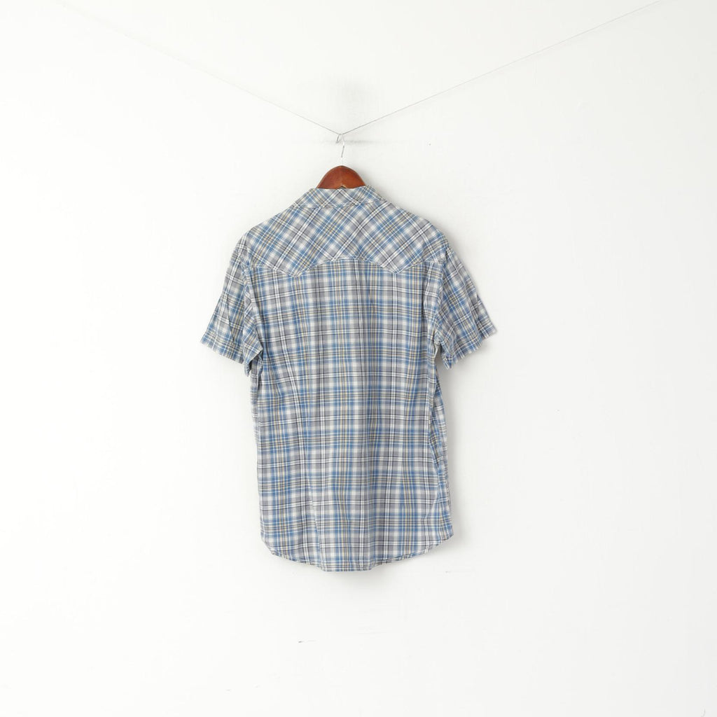 United Colors Of Benetton Men XL (L) Casual Shirt Blue Cotton Checkered Snap Pocket Top