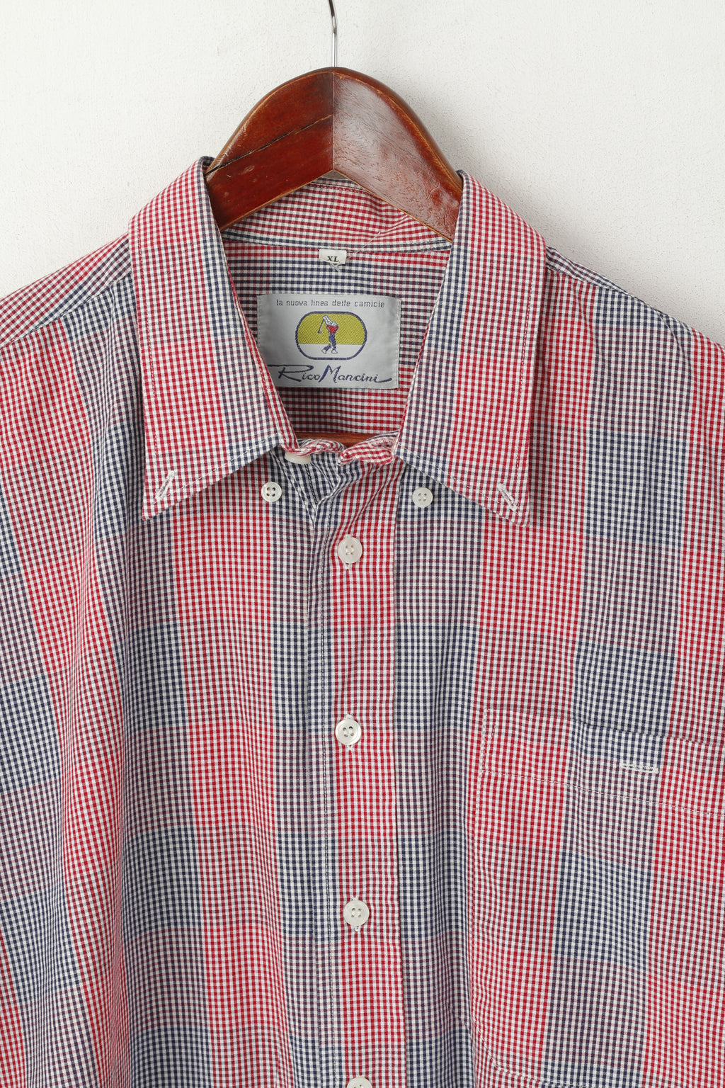 Rico Mancini Men XL Casual Shirt Red Check Cotton Vintage Golf Long Sleeve Top