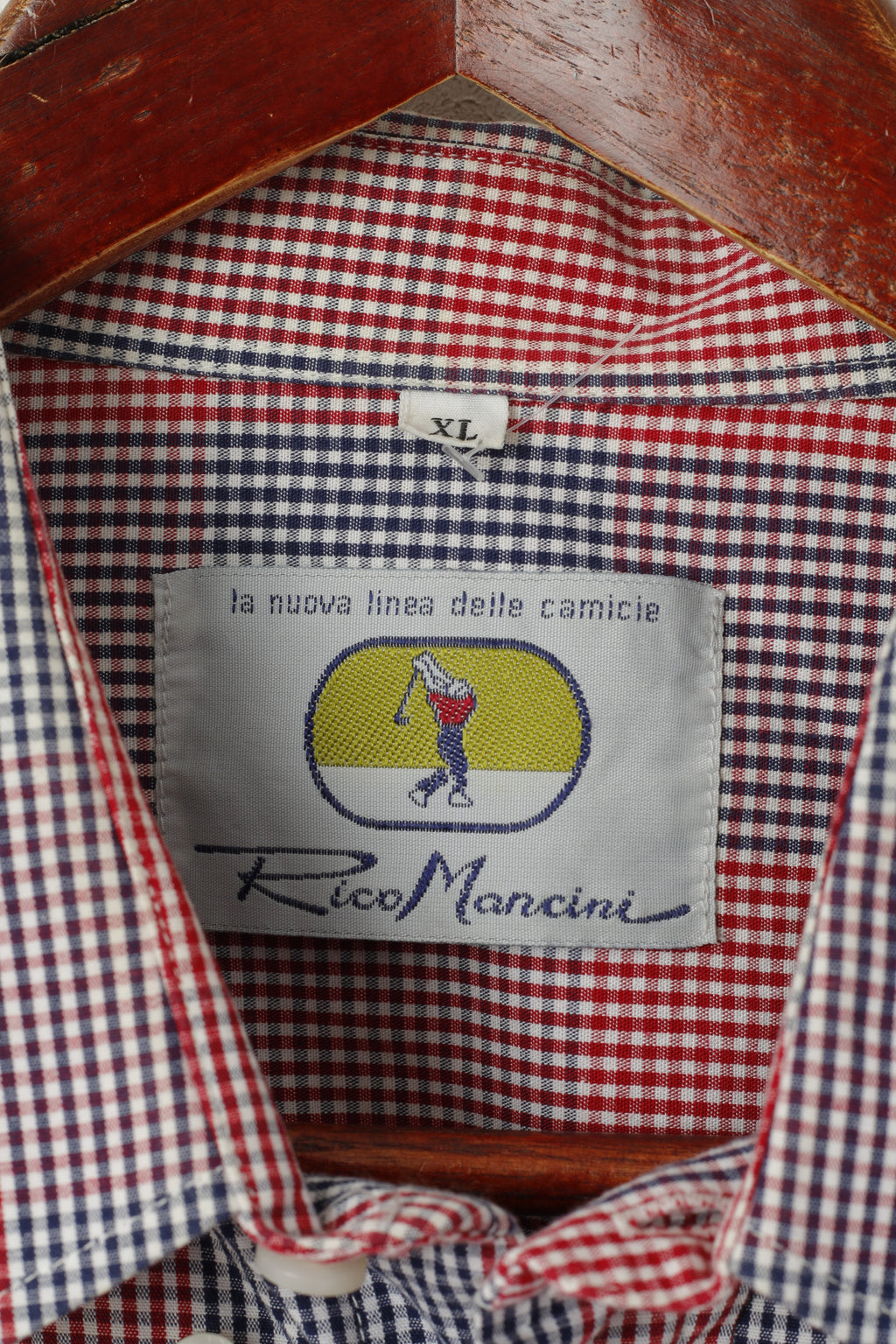 Rico Mancini Men XL Casual Shirt Red Check Cotton Vintage Golf Long Sleeve Top