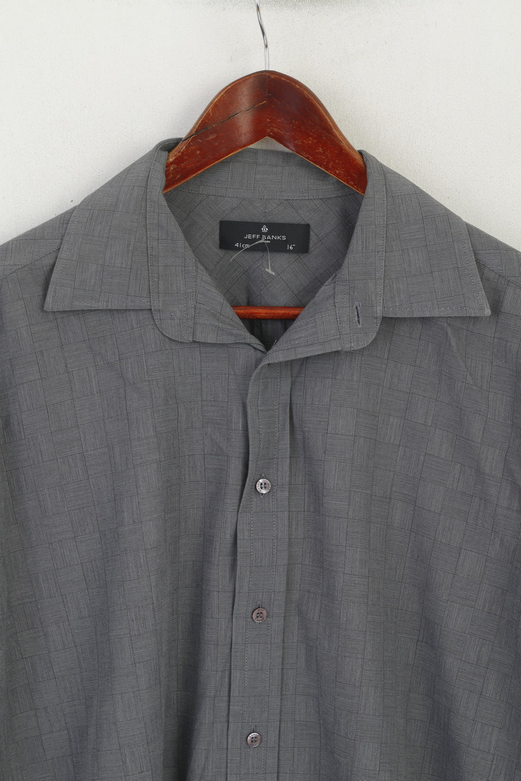 Jeff Banks Men 41 16 L Casual Shirt Gray Cotton Check Long Sleeve Cuff Top