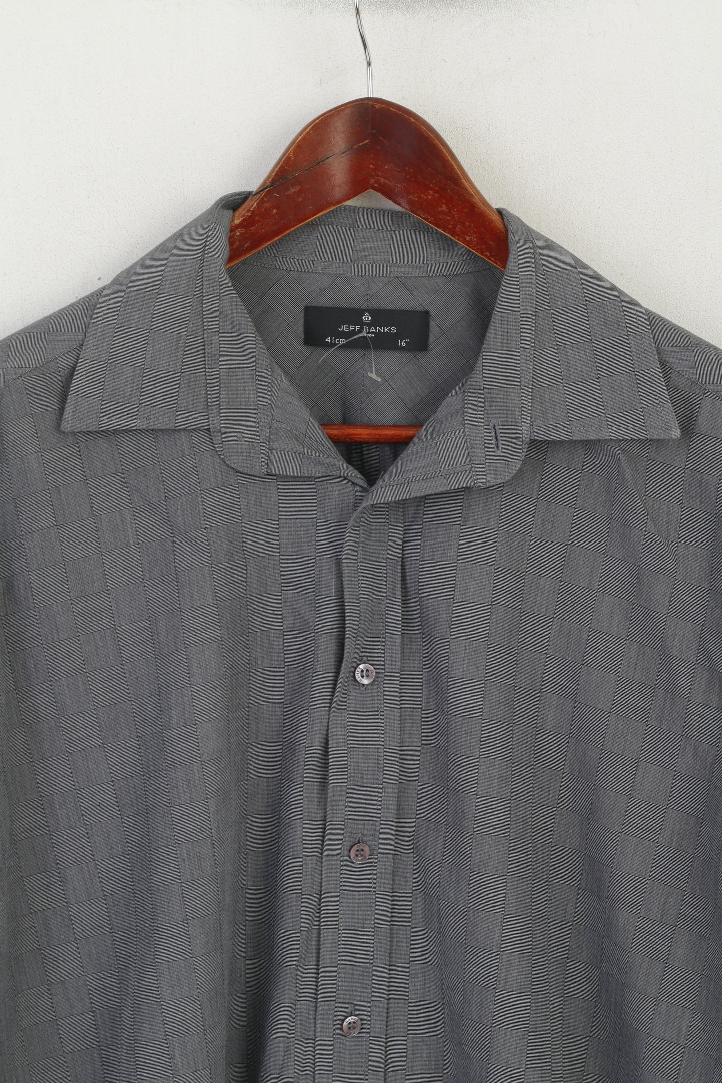 Jeff Banks Uomo 41 16 L Camicia casual Top con polsini a maniche lunghe a quadri in cotone grigio