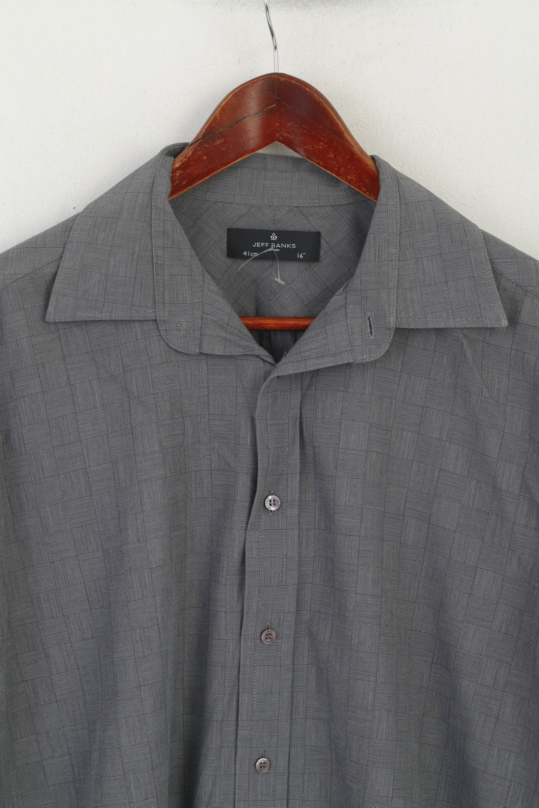 Jeff Banks Men 41 16 L Casual Shirt Gray Cotton Check Long Sleeve Cuff Top