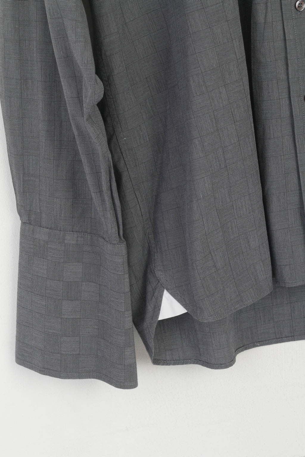 Jeff Banks Men 41 16 L Casual Shirt Gray Cotton Check Long Sleeve Cuff Top