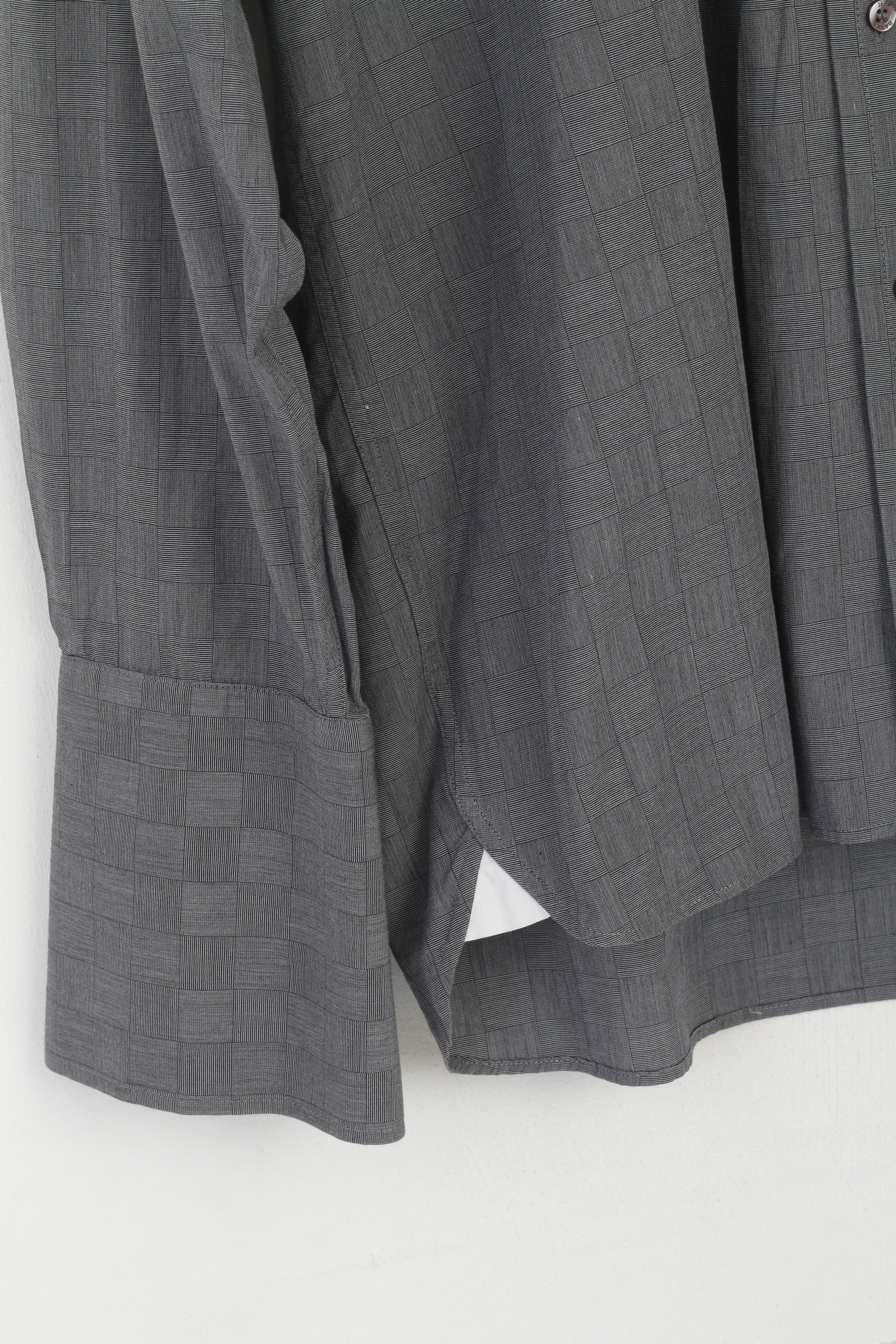 Jeff Banks Men 41 16 L Casual Shirt Gray Cotton Check Long Sleeve Cuff Top