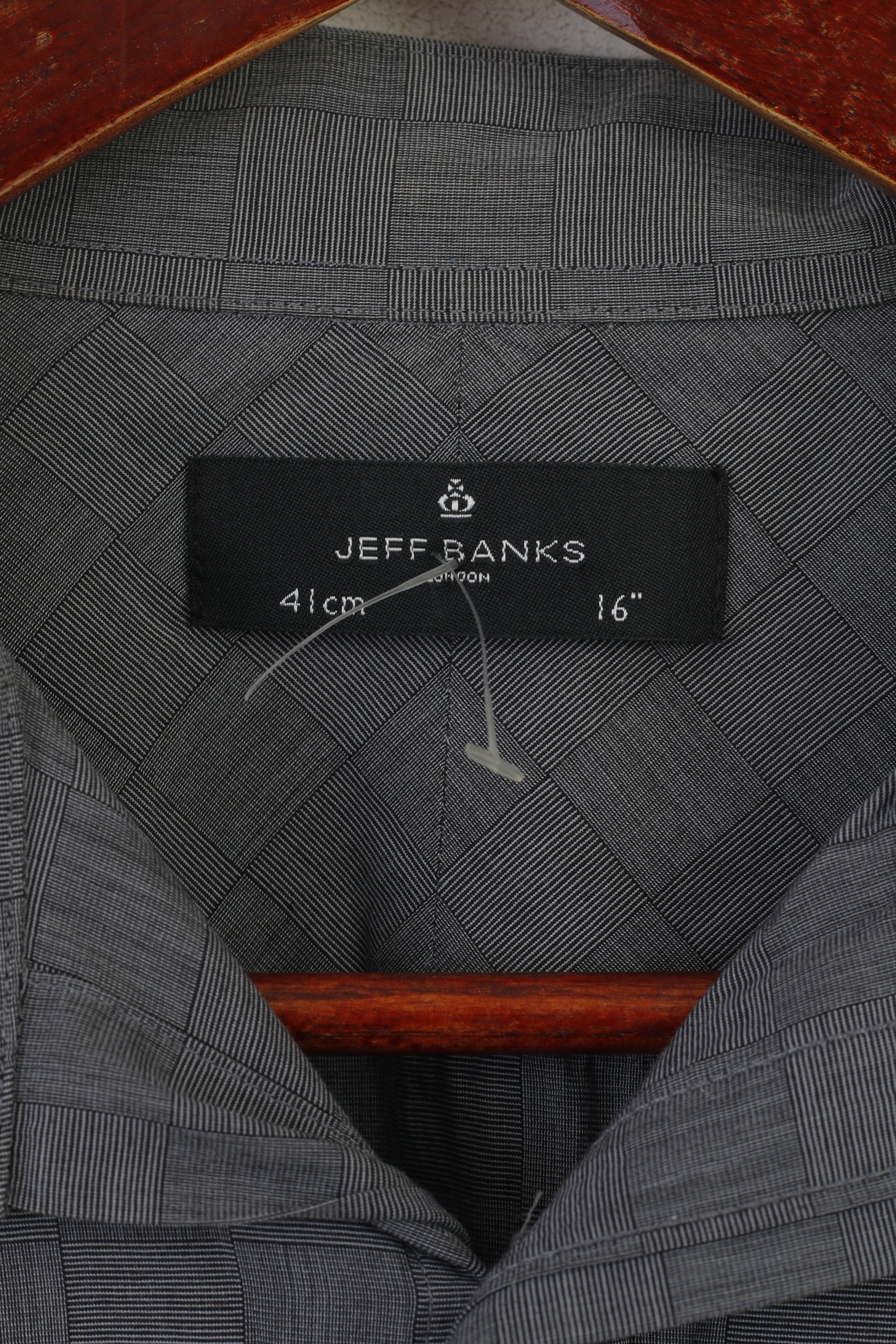 Jeff Banks Men 41 16 L Casual Shirt Gray Cotton Check Long Sleeve Cuff Top