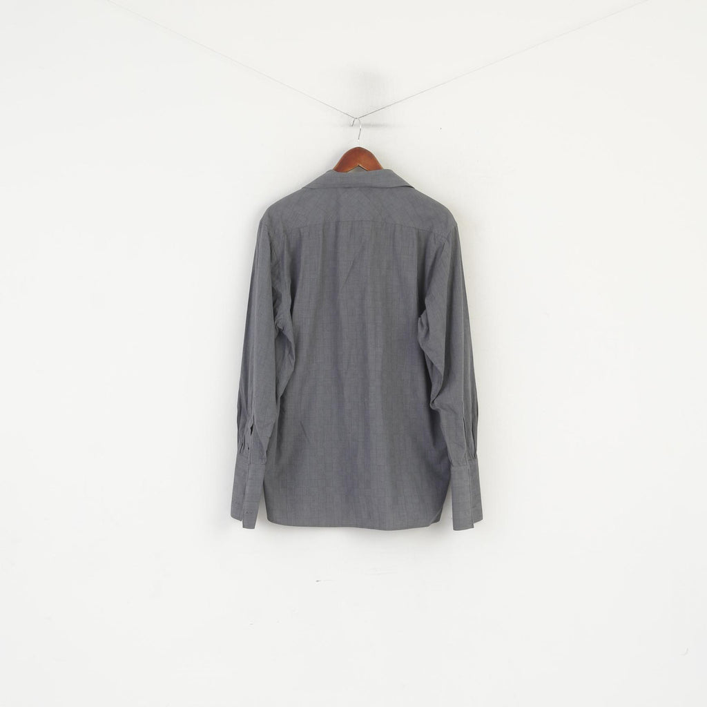 Jeff Banks Men 41 16 L Casual Shirt Gray Cotton Check Long Sleeve Cuff Top