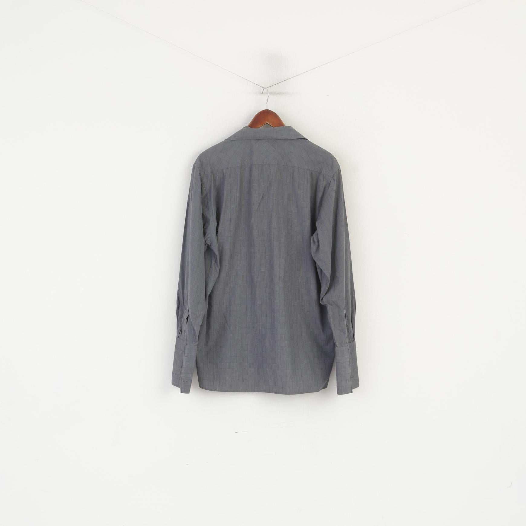 Jeff Banks Men 41 16 L Casual Shirt Gray Cotton Check Long Sleeve Cuff Top