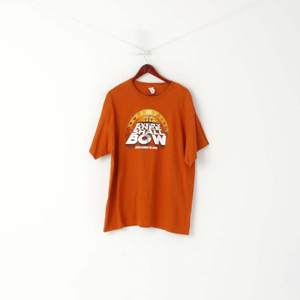 Delta Men XL T- Shirt Orange Cotton Vintage Graphic Christ Lord Crew Neck Top