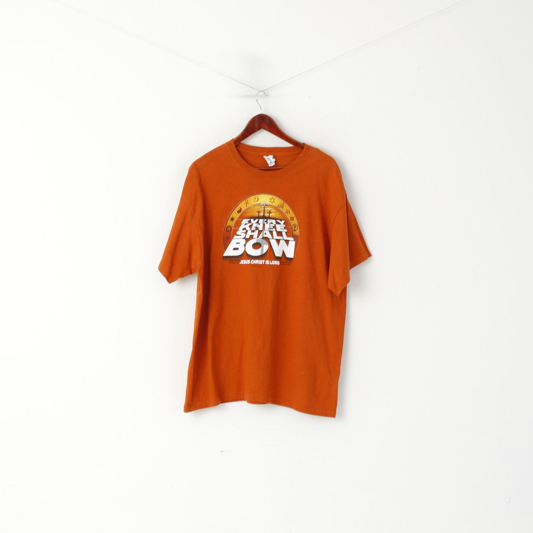 Delta Men XL T- Shirt Orange Cotton Vintage Graphic Christ Lord Crew Neck Top