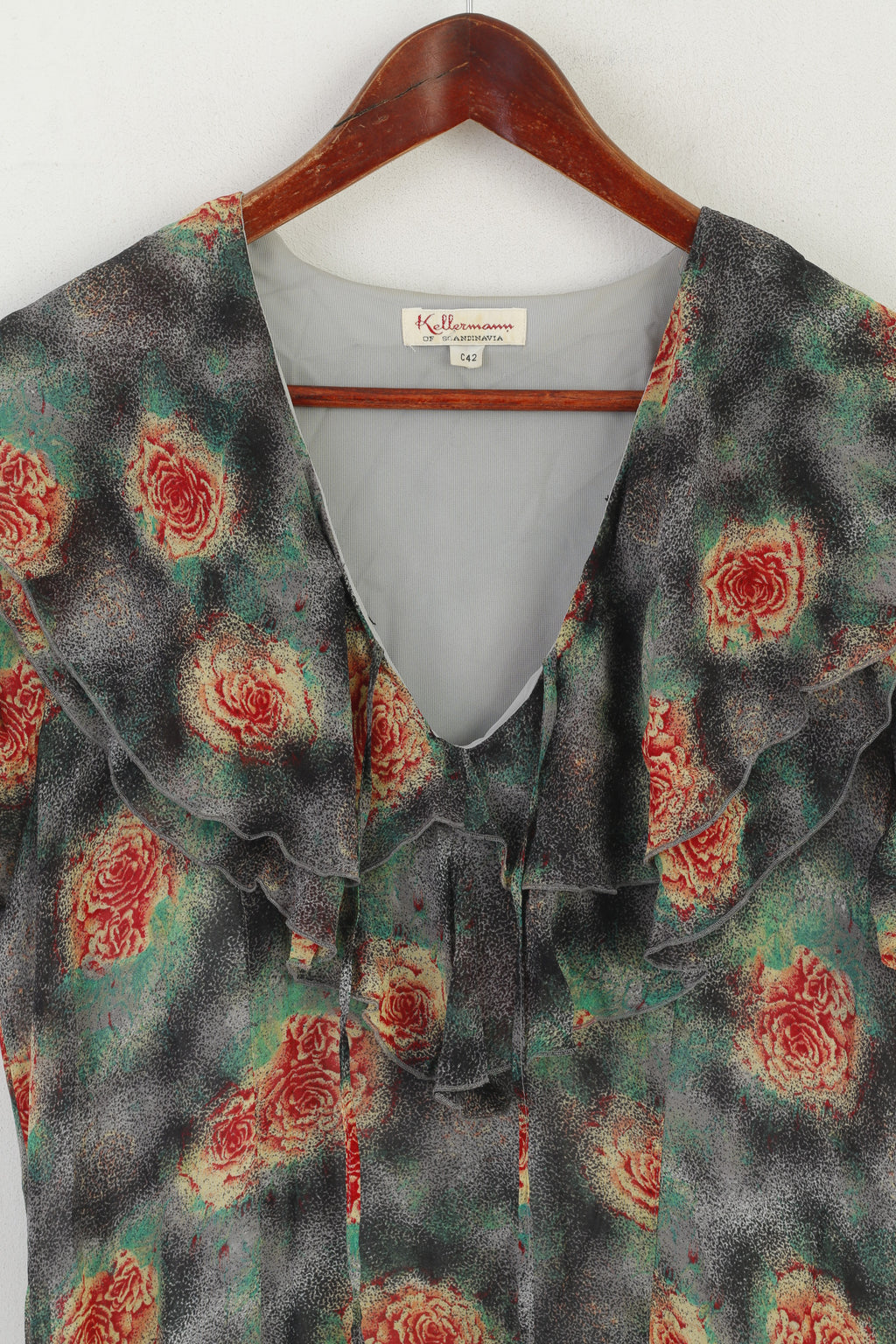 Kellermann Of Scandinavia Women 42 L Dress Gray Rose Print Flounce V Neck Vintage