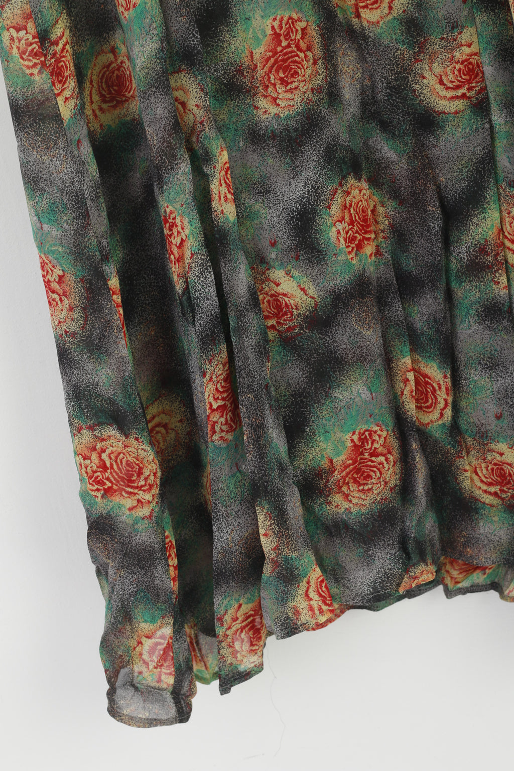 Kellermann Of Scandinavia Women 42 L Dress Gray Rose Print Flounce V Neck Vintage