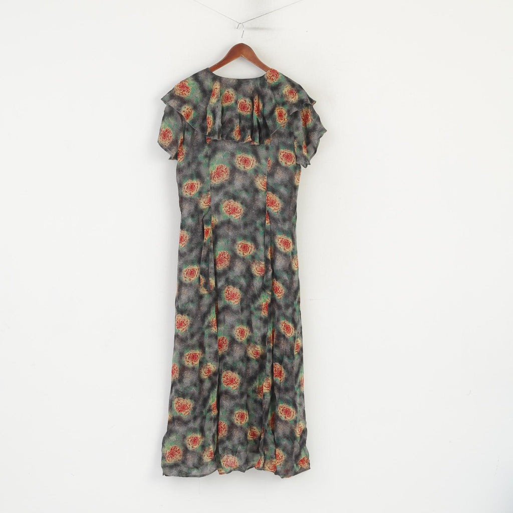 Kellermann Of Scandinavia Women 42 L Dress Gray Rose Print Flounce V Neck Vintage