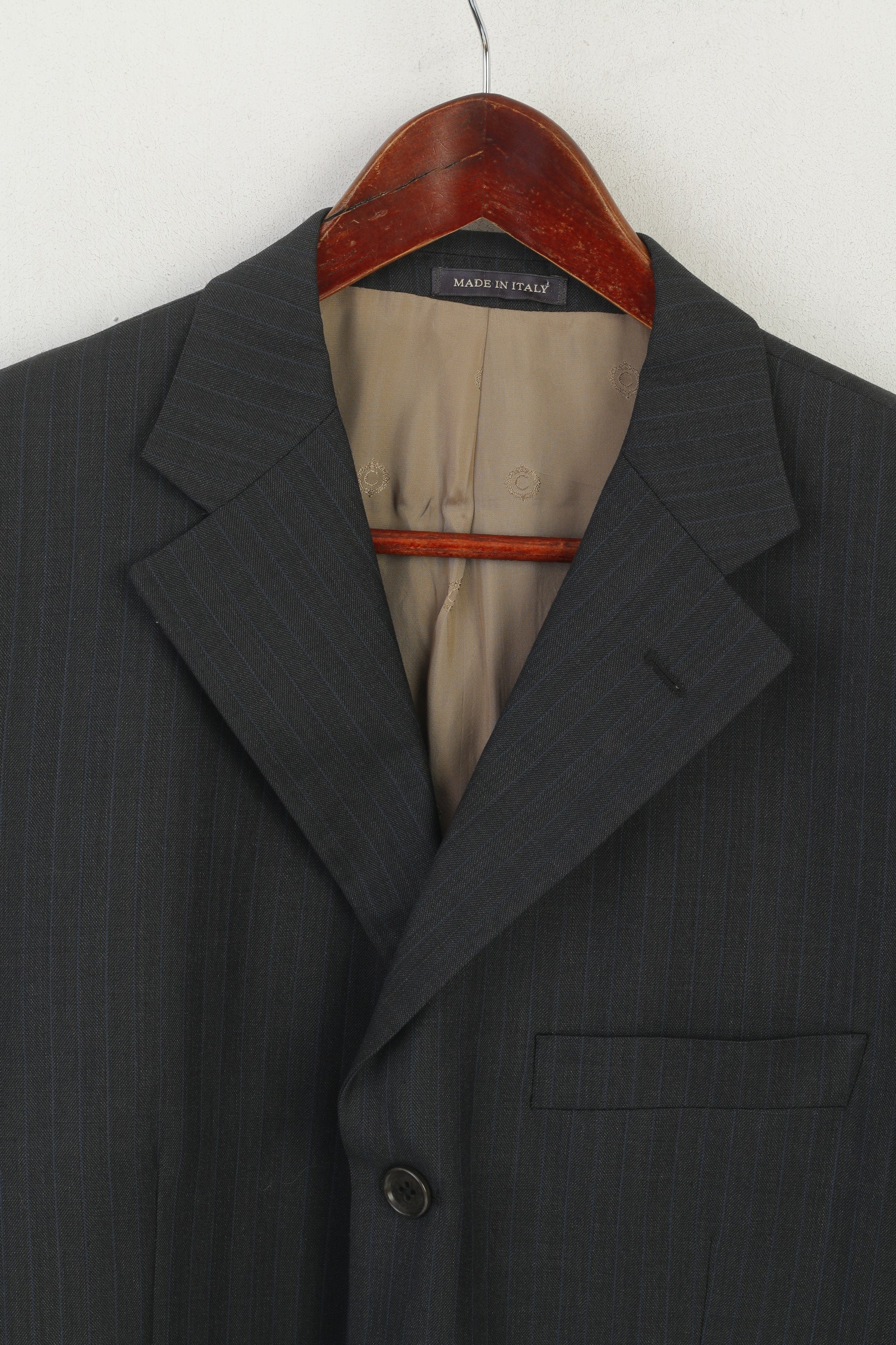 Marks & Spencer Men 42 Blazer Navy Striped Italy Wool Single Breasted Jacket