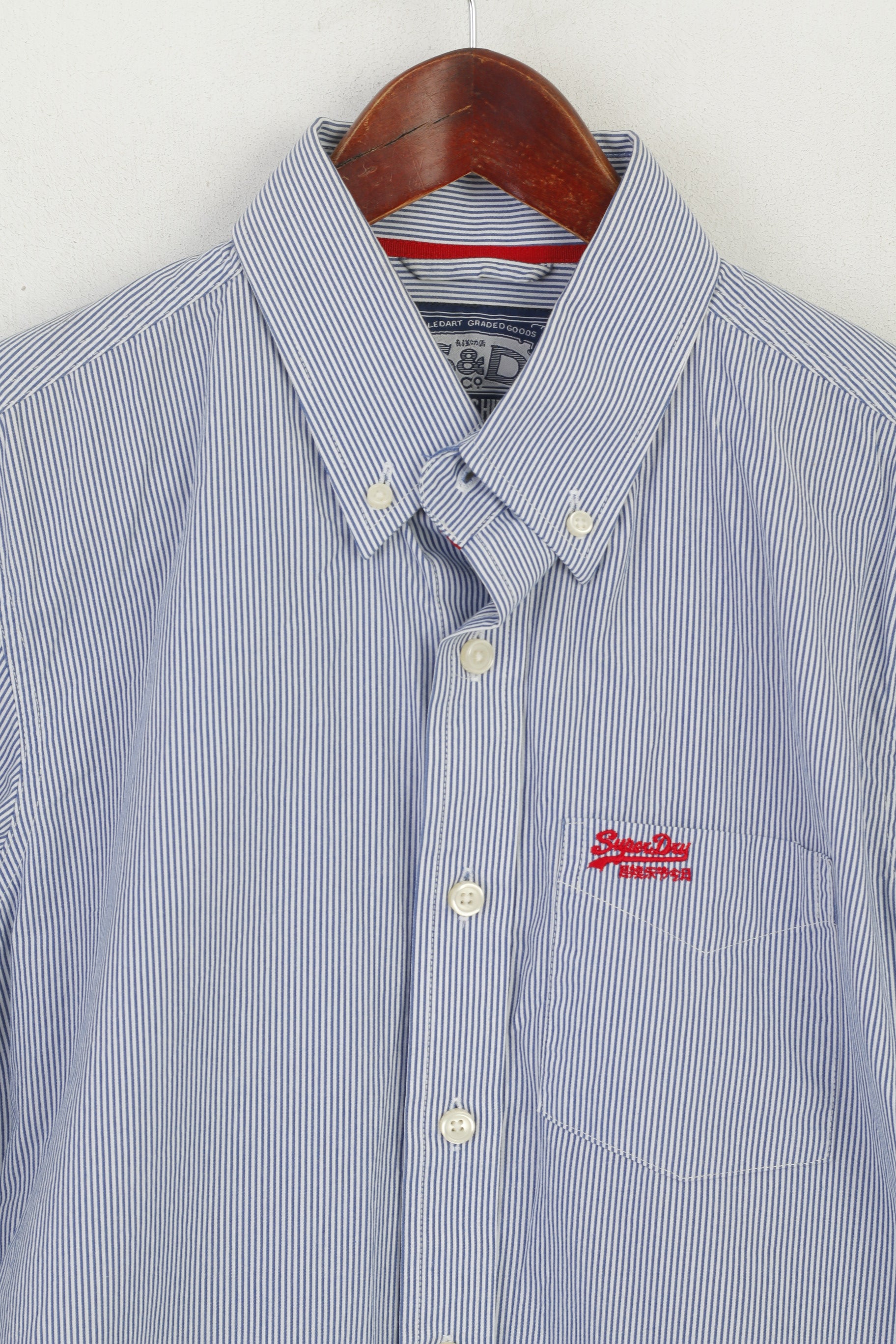 Superdry Men M Casual Shirt Blue Striped Cotton Long Sleeve Button Down Collar Top