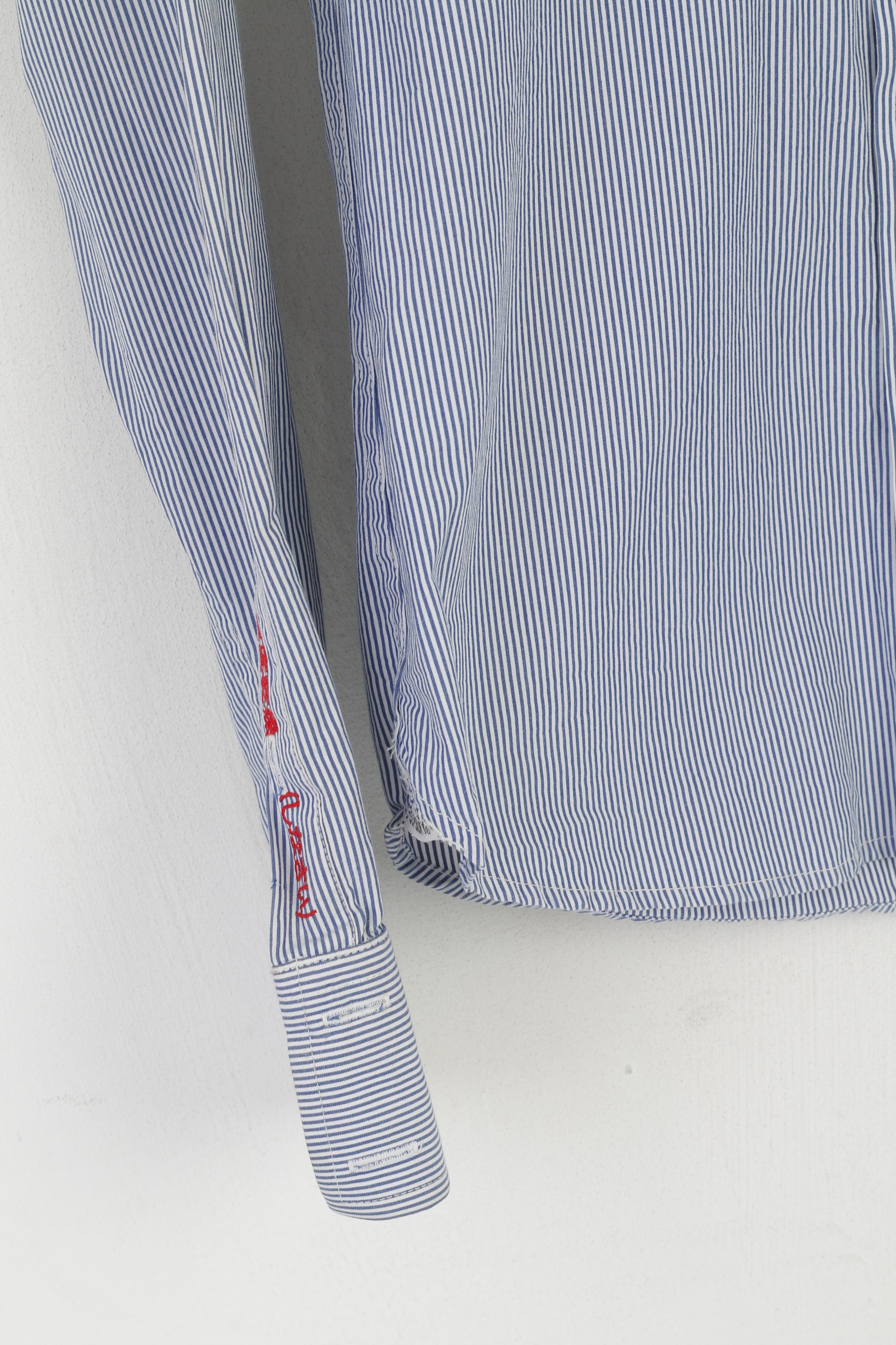 Superdry Men M Casual Shirt Blue Striped Cotton Long Sleeve Button Down Collar Top