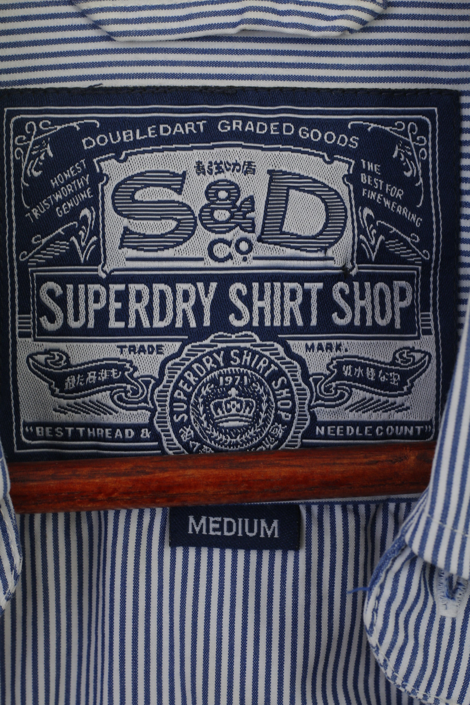 Superdry Men M Casual Shirt Blue Striped Cotton Long Sleeve Button Down Collar Top