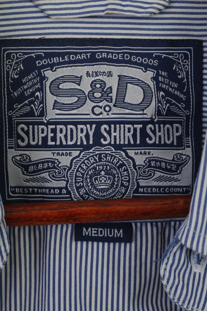 Superdry Hommes M Chemise décontractée Bleu Rayé Coton Manches Longues Col Boutonné Haut