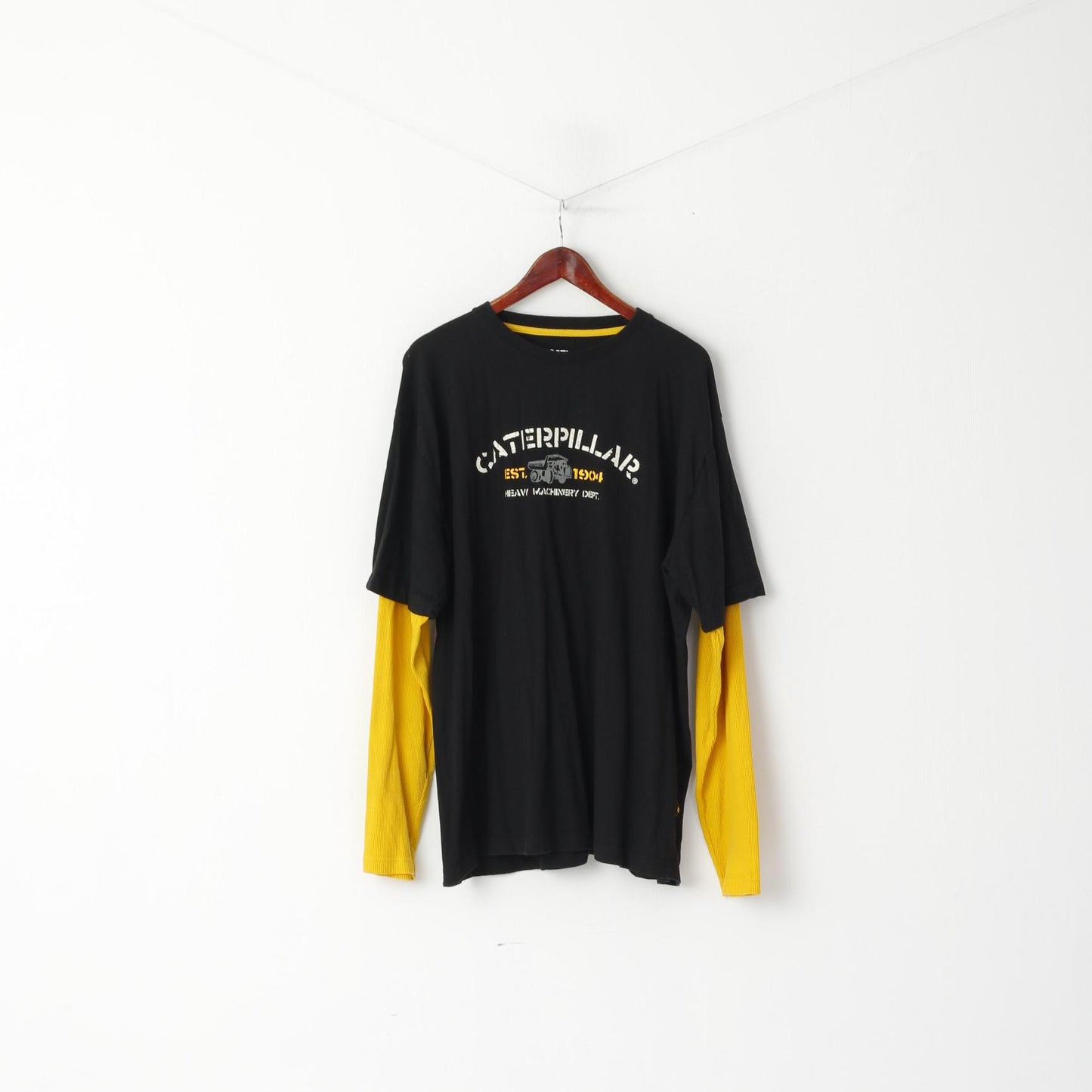 Caterpillar Cat Men 2XL Shirt Long Sleeve Black Yellow Graphic Cotton Top