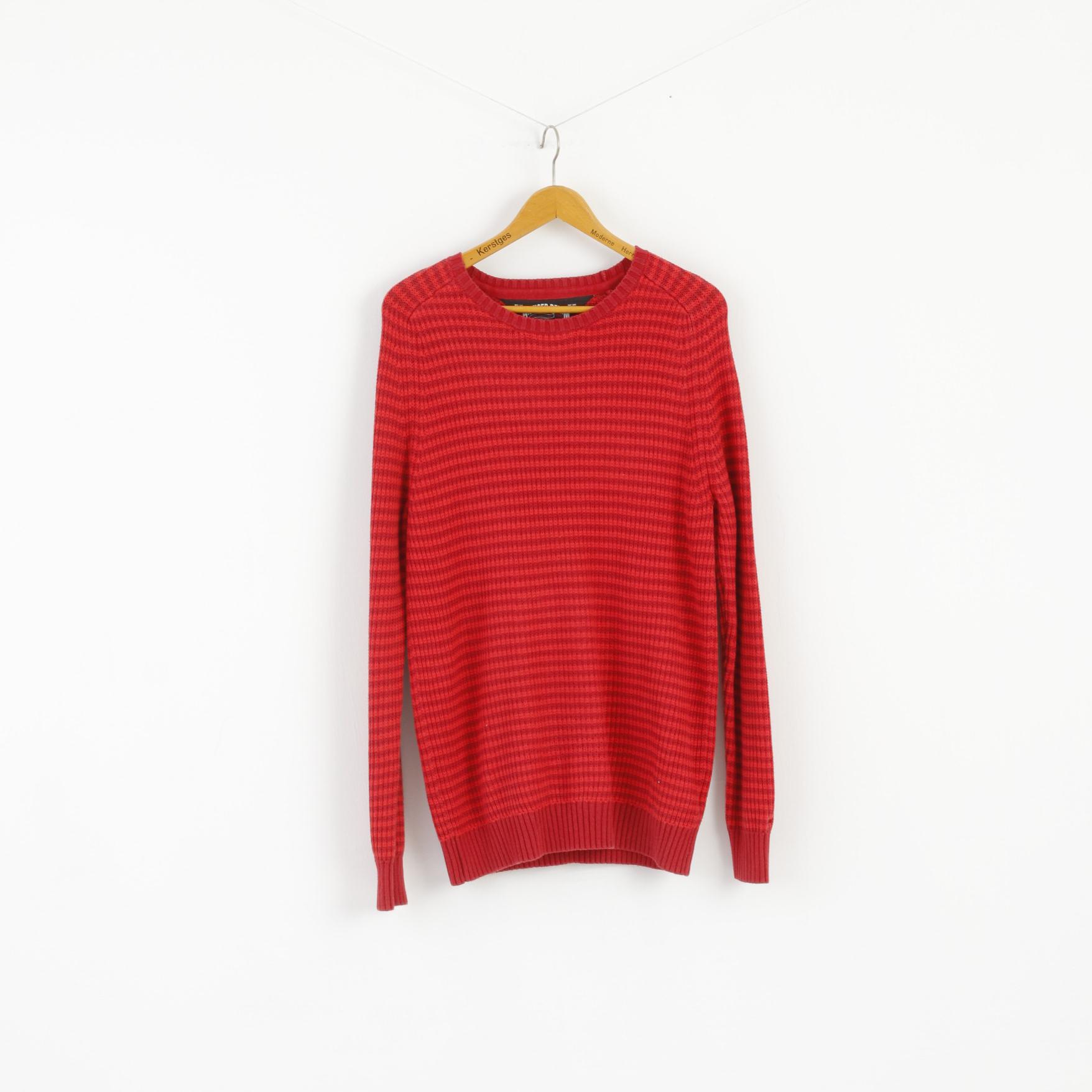 Hilfiger Denim Femme XL Pull Rouge Col Rond Coton Rayé Long Pull