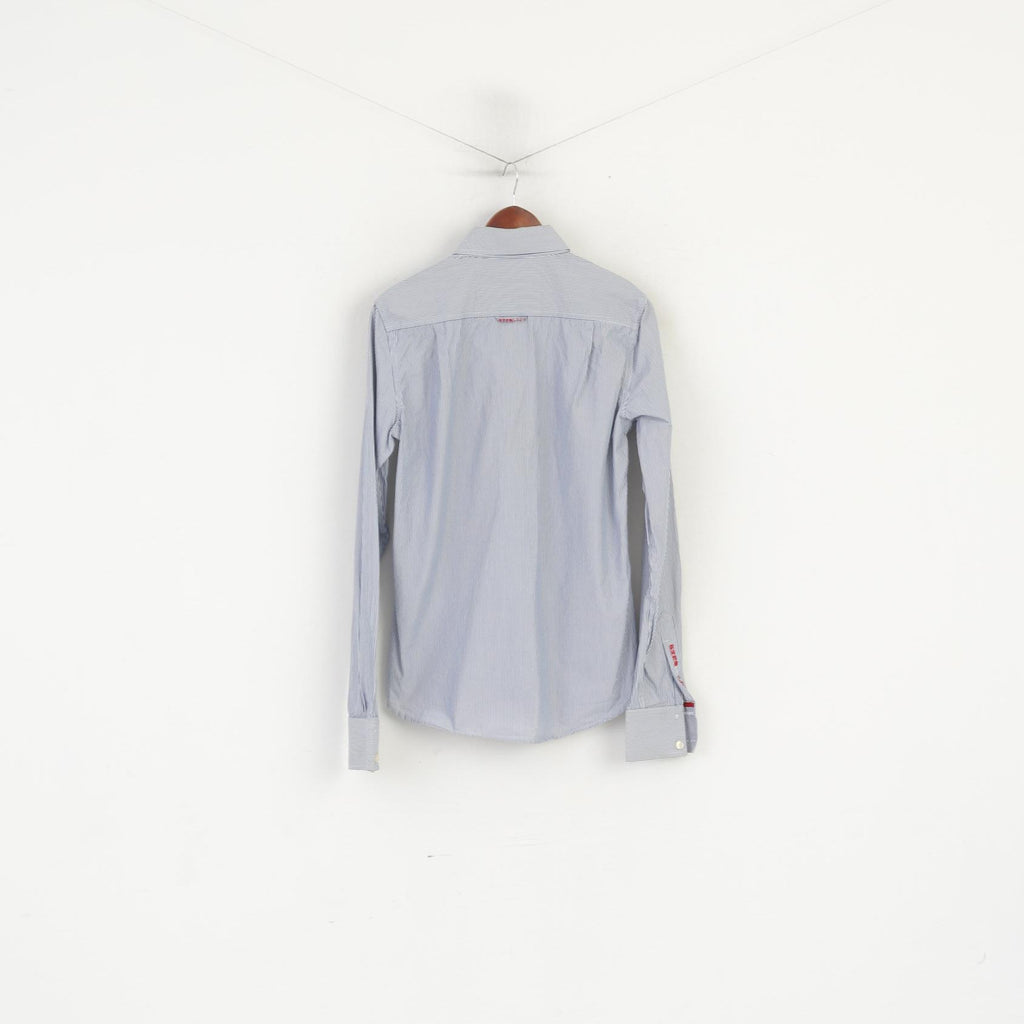 Superdry Men M Casual Shirt Blue Striped Cotton Long Sleeve Button Down Collar Top