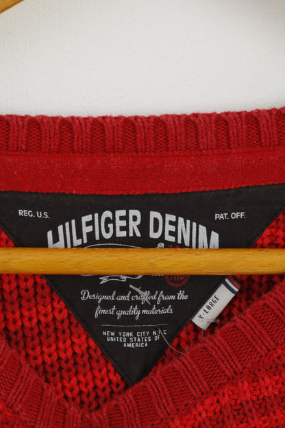 Hilfiger Denim Femme XL Pull Rouge Col Rond Coton Rayé Long Pull