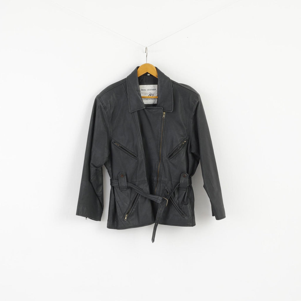 Miss Joy Veste de motard vintage en cuir noir Ramones pour femme 44 avec fermeture éclair complète