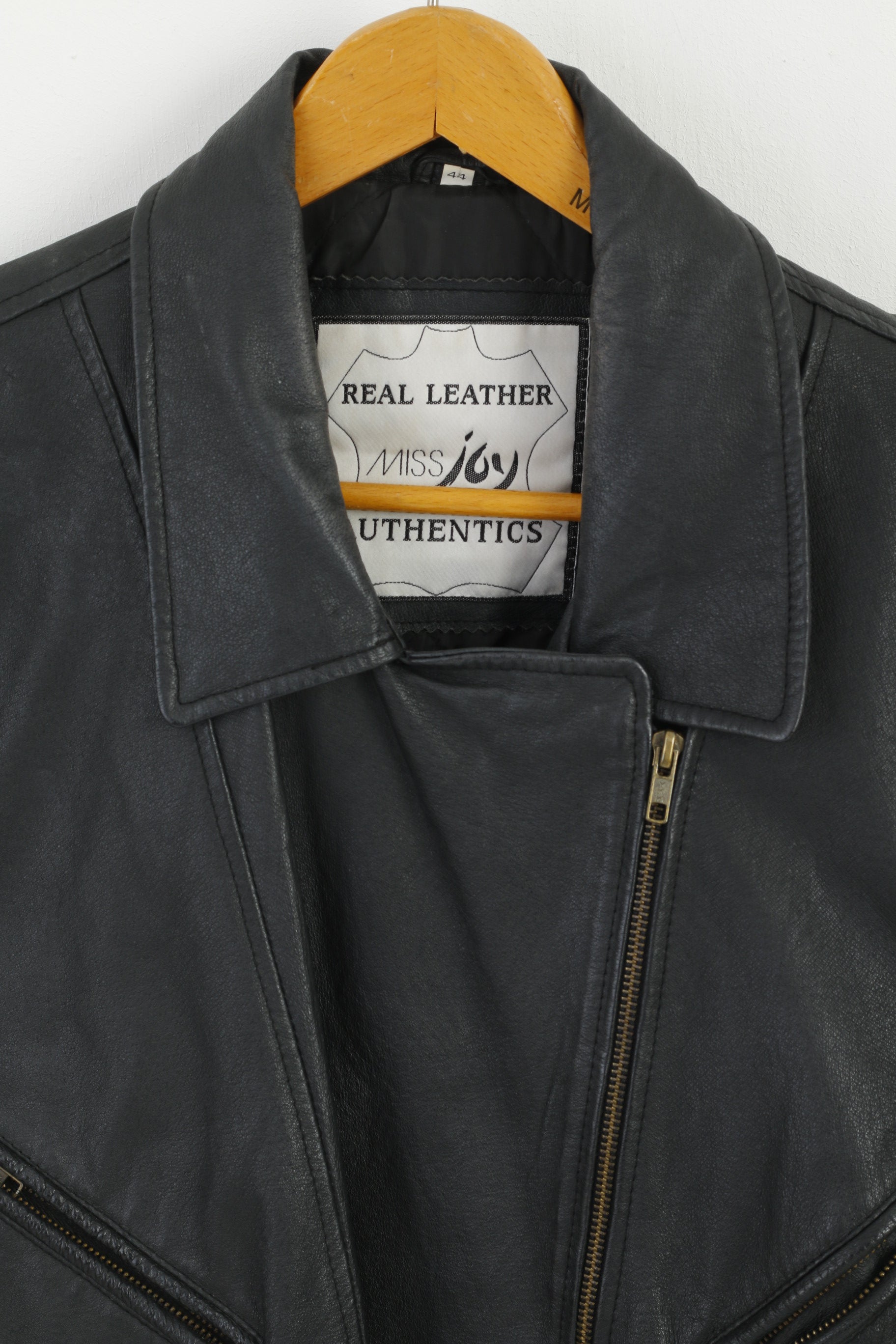 Miss Joy Veste de motard vintage en cuir noir Ramones pour femme 44 avec fermeture éclair complète