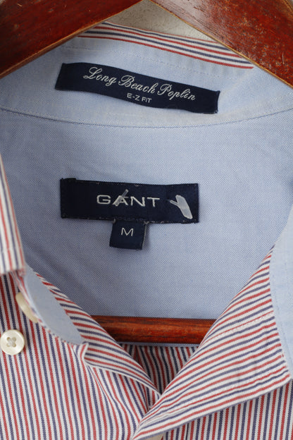 Gant Men M Casual Shirt Blue Cotton Long Beach Poplin Striped E-Z Fit Long Sleeve Top