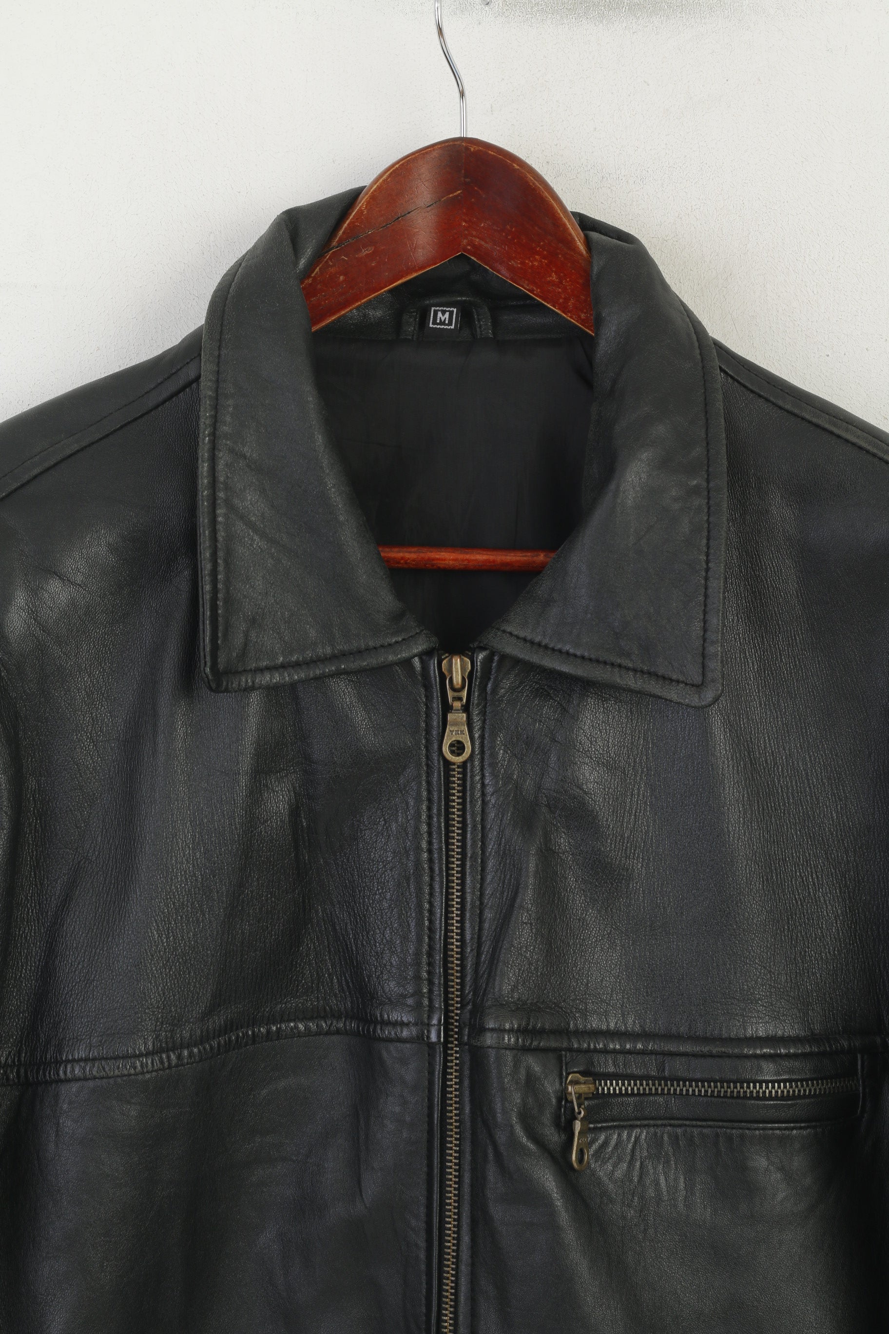 Vintage Men M Jacket Black Leather Soft Classic Full Zipper Shoulder Pads Top