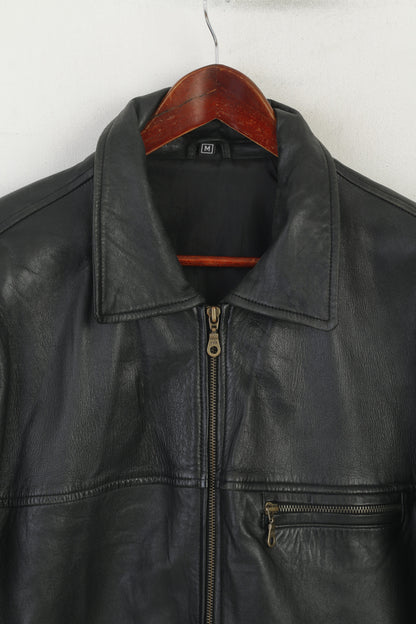 Vintage hommes M veste en cuir noir doux classique pleine fermeture éclair épaulettes haut