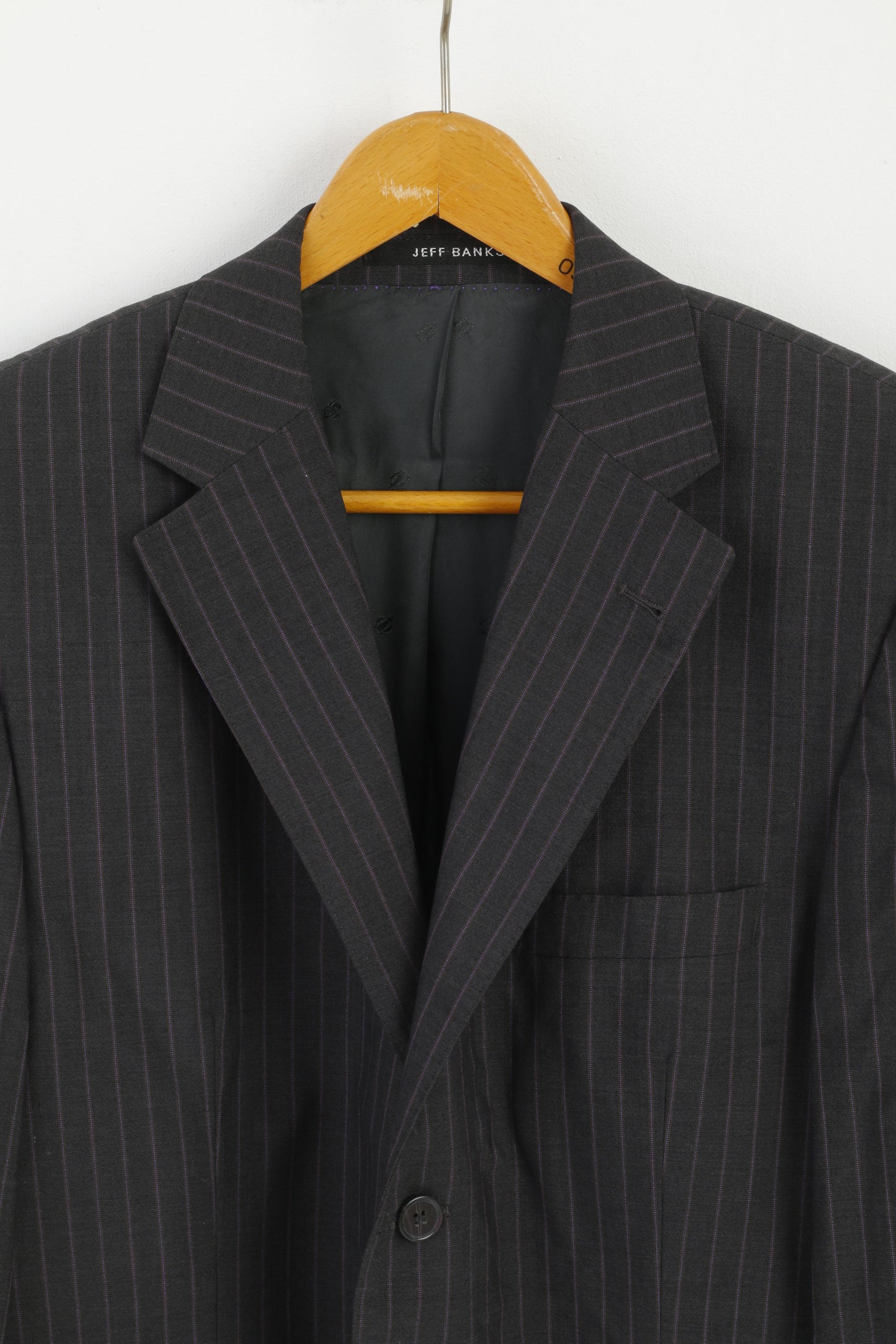 Jeff Banks Men 42S 52 Blazer Grey Violet Striped Wool Single Breasted Jacket