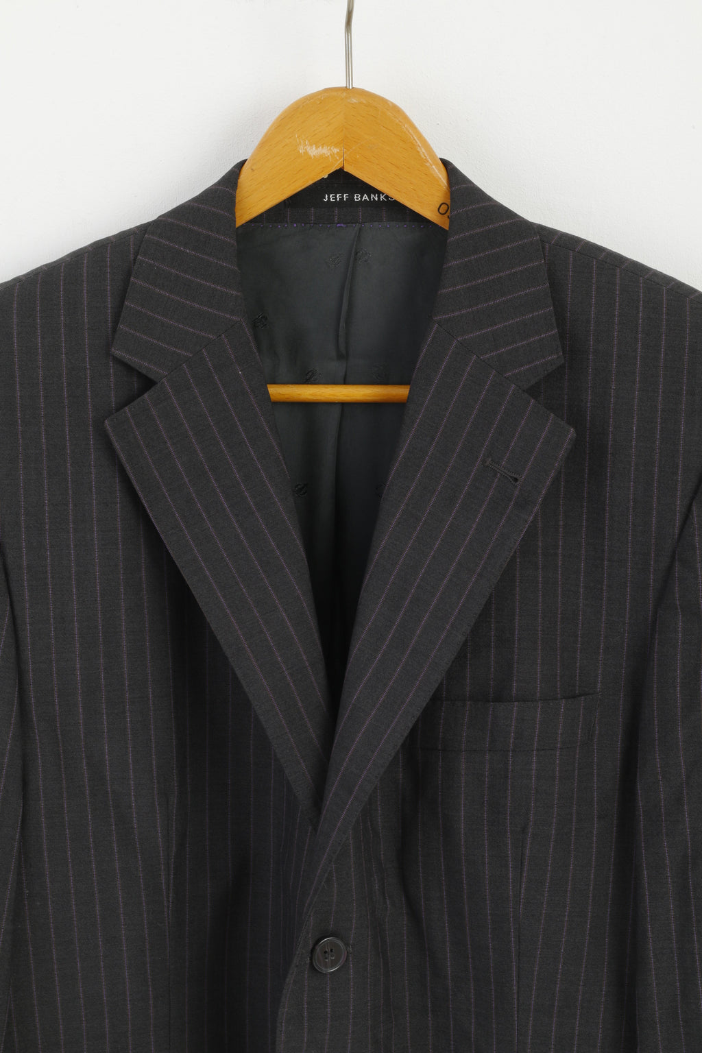 Jeff Banks Men 42S 52 Blazer Grey Violet Striped Wool Single Breasted Jacket